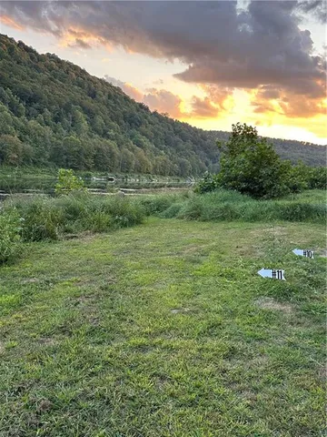 a view of a lake with a yard and large trees