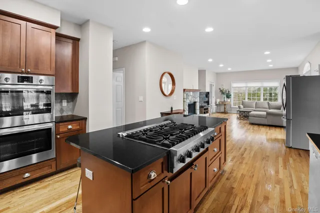a kitchen with stainless steel appliances granite countertop a stove and a refrigerator