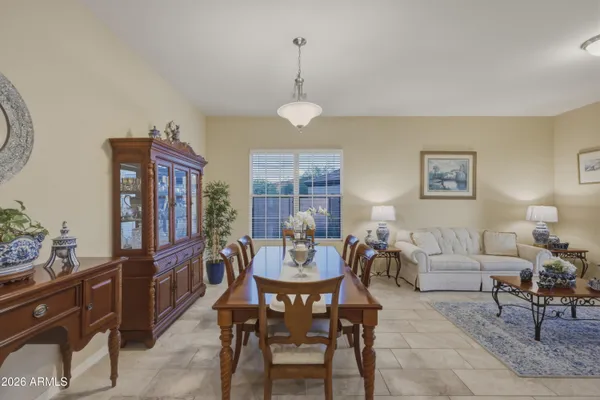a view of a dining room with furniture