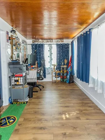 a view of a yard with plants and large trees