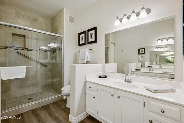 a bathroom with a shower sink vanity and mirror