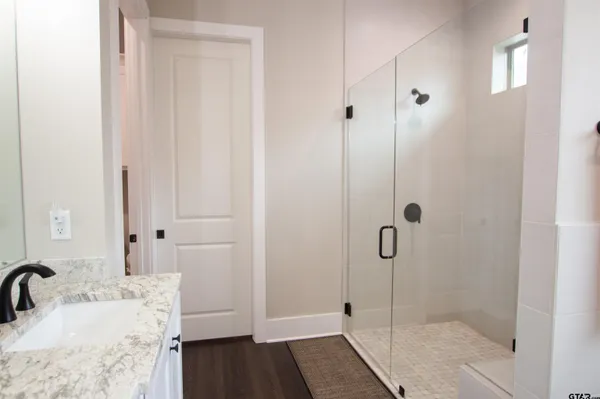 a bathroom with a shower and a sink