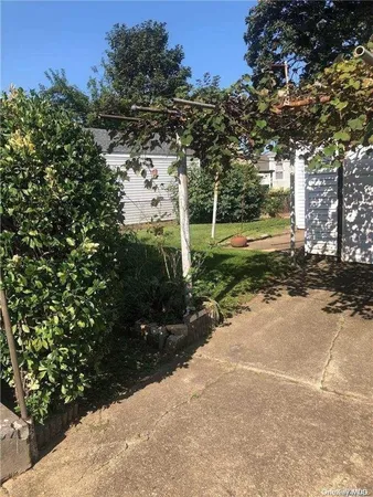 a view of a yard with plants and trees beside of it