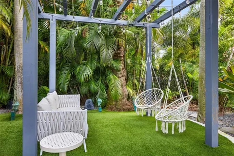 a view of a chairs and table in patio
