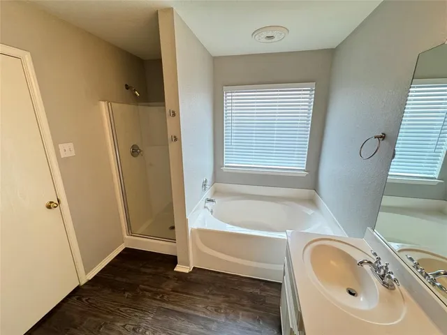 a bathroom with a tub sink and mirror