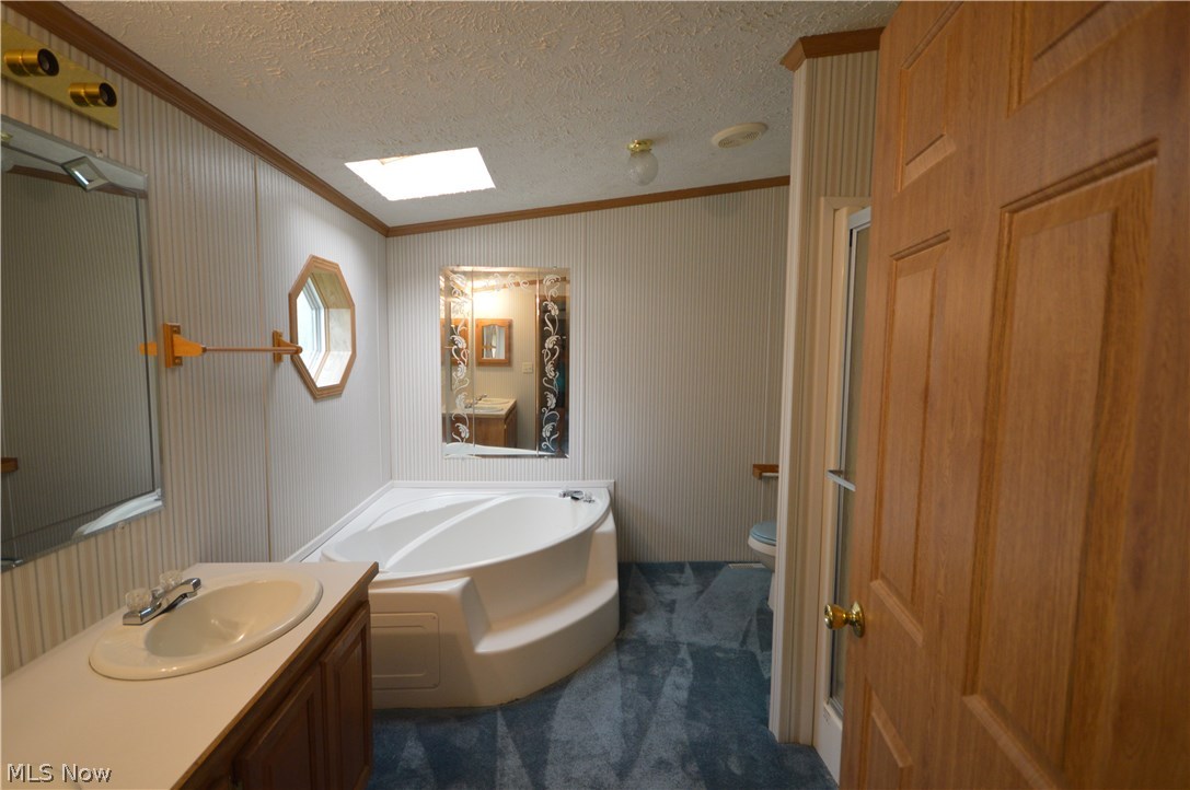 4117 Wheeler Creek Road Geneva, OH 44041 - Photo 19 of 24 Master bathroom has a skylight, double sinks, stand up shower, toilet and a deep tub.
