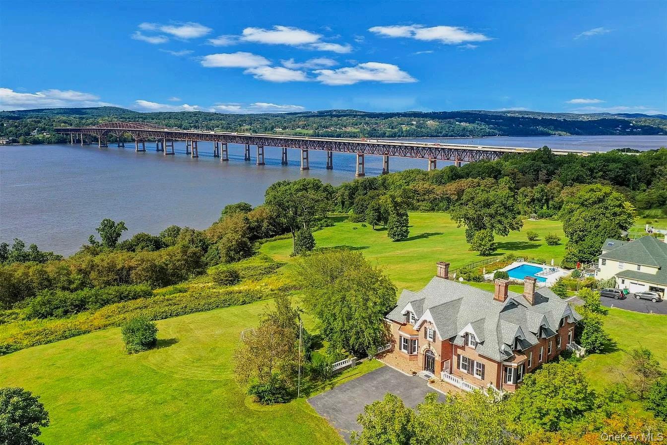 an aerial view of a house with a garden
