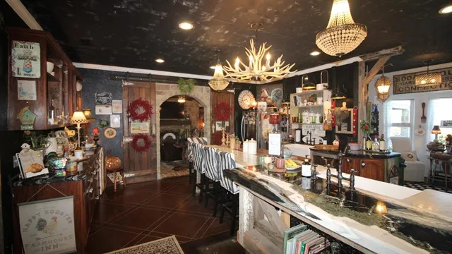 a view of a dining room with furniture