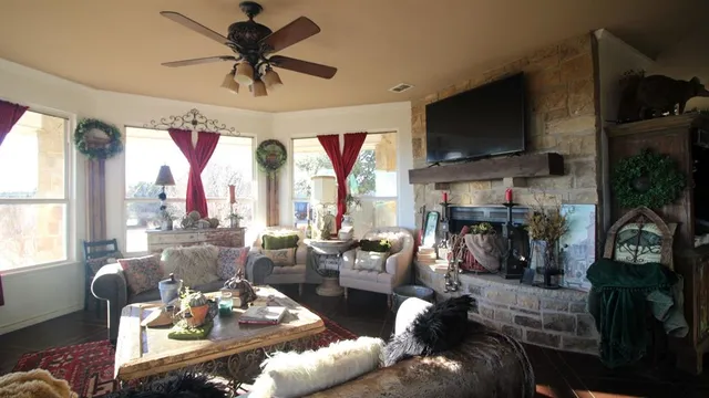 a living room with fireplace furniture and a flat screen tv