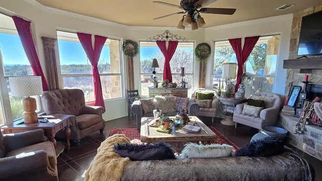 a living room with furniture and a large window