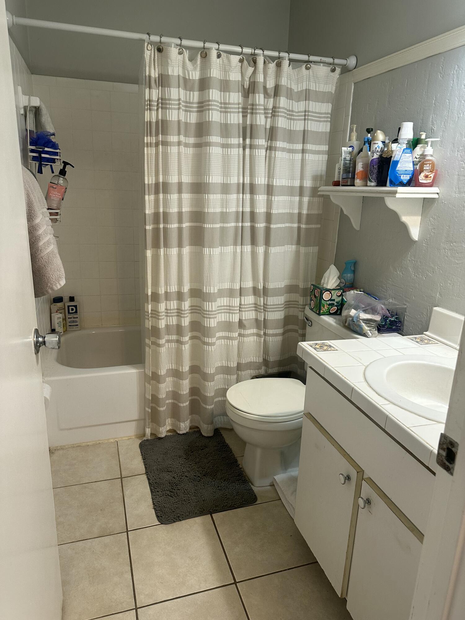 8812 Southeast Sandridge Avenue Hobe Sound, FL 33455 - Photo 10 of 22 a bathroom with a sink a toilet and shower curtain