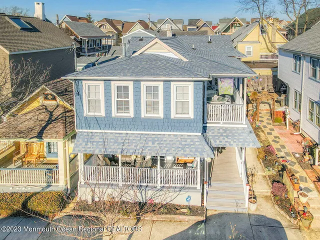 aerial view of a house with a patio