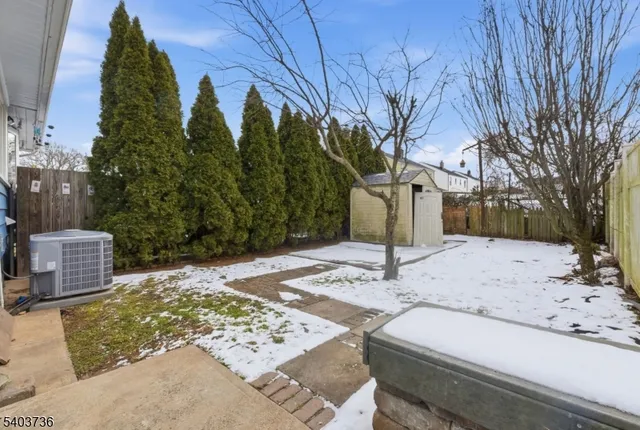 a street view with large trees