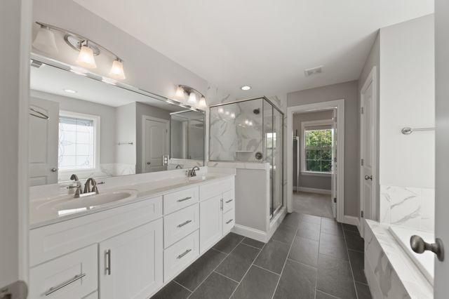 a bathroom with a double vanity sink mirror and shower