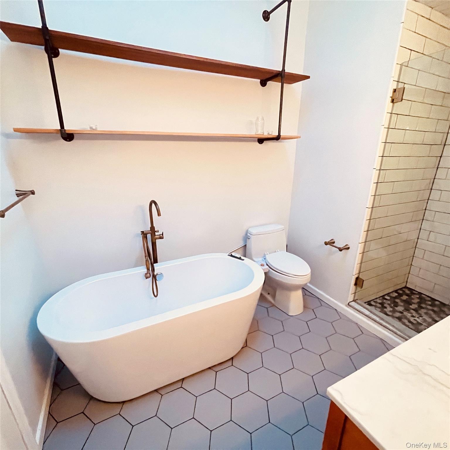 878 Rensselaer Avenue Staten Island, NY 10309 - Photo 7 of 35 Bathroom featuring a freestanding tub, a shower stall, and dark tile patterned flooring