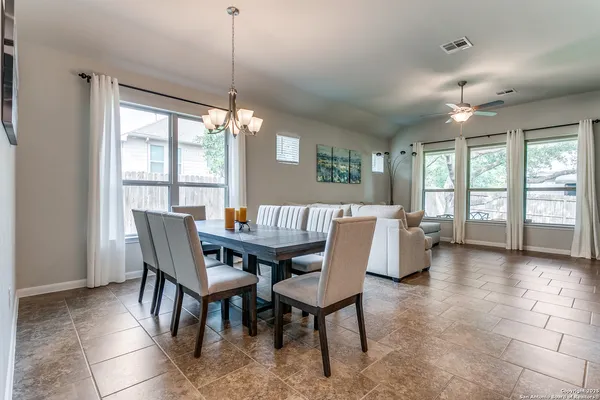 a view of a dining room with furniture window and outside view
