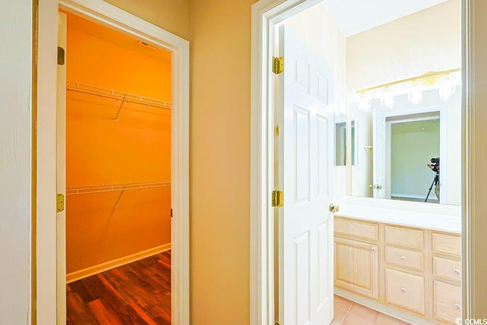 401 Pipers Lane, Unit 401 Myrtle Beach, SC 29575 - Photo 14 of 40 Bathroom featuring a walk in closet, vanity, and dark wood-type flooring