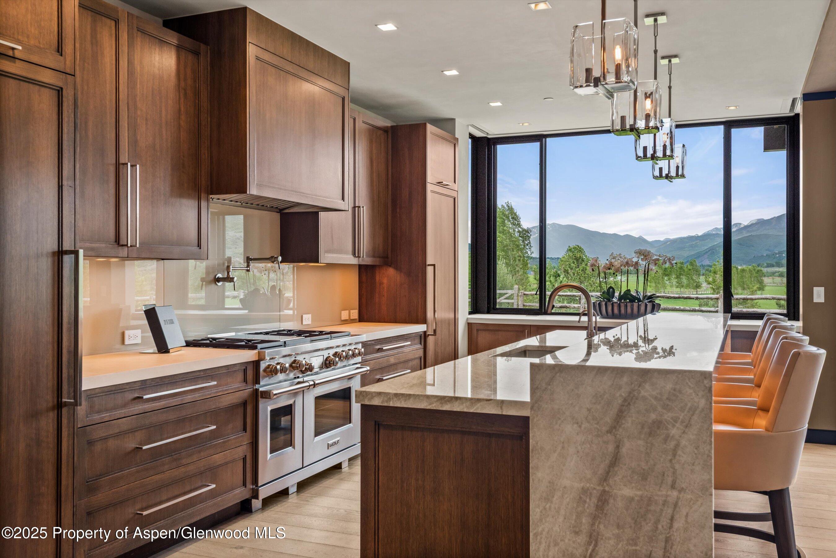 31 Aspen Valley Ranch Road Woody Creek, CO 81656 - Photo 9 of 52 a kitchen with stainless steel appliances granite countertop a stove a refrigerator a sink dishwasher a dining table and chairs with wooden floor