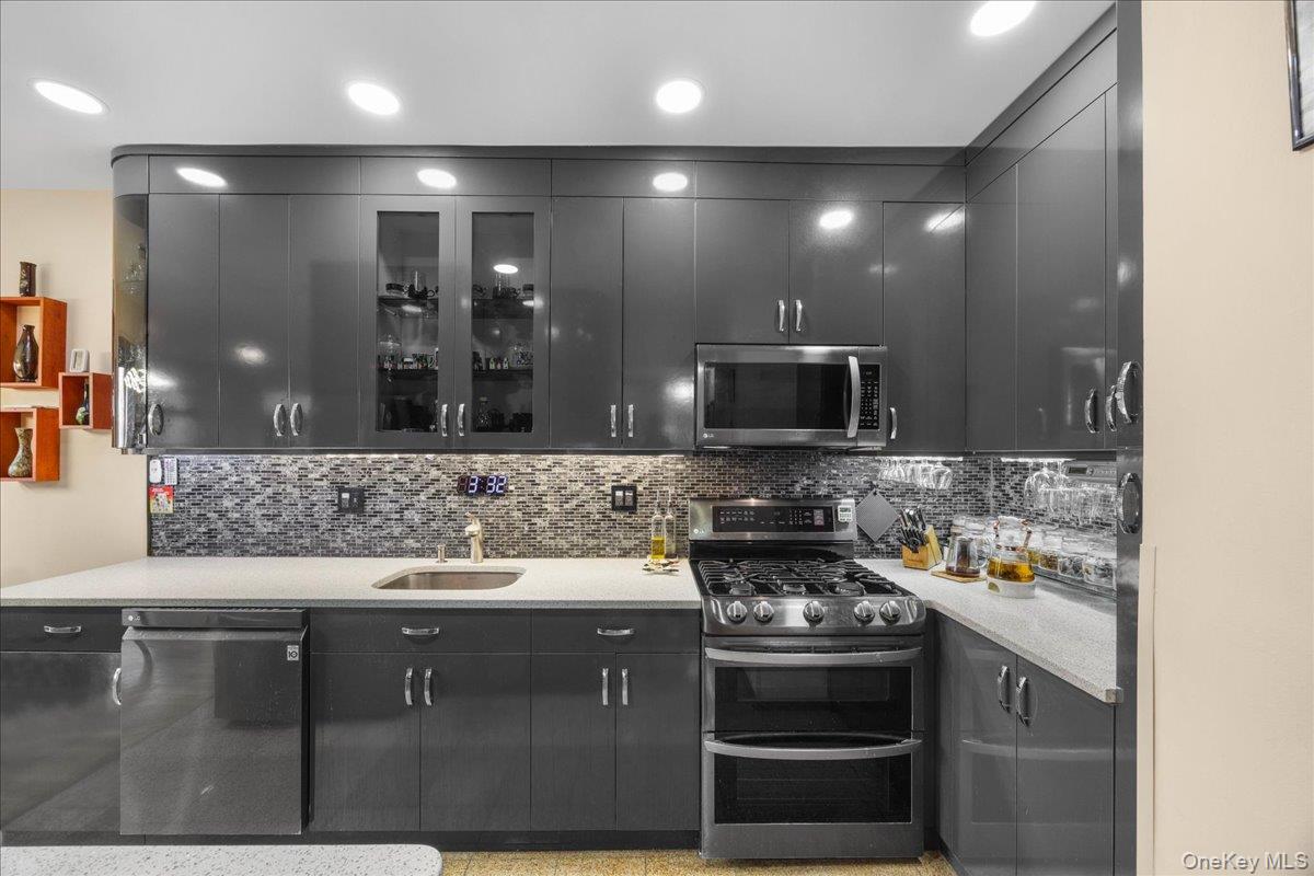 1015 Old Boston Post Road, Unit 2C Mamaroneck, NY 10543 - Photo 10 of 26 Kitchen with stainless steel appliances, tasteful backsplash, dark cabinetry, modern cabinets, and recessed lighting