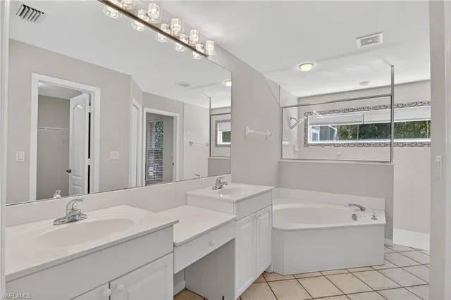 a bathroom with a tub a double vanity sink and mirror