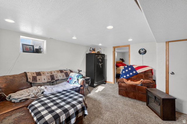 49 South 4th W Street Preston, ID 83263 - Photo 13 of 48 Carpeted living area featuring a textured ceiling