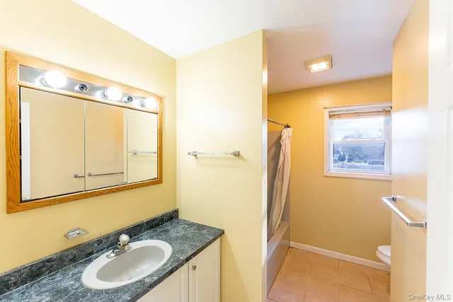 a bathroom with a granite countertop sink vanity mirror and a shower