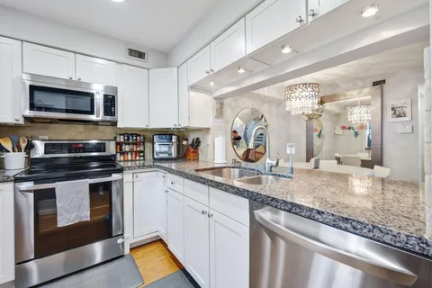 a kitchen with stainless steel appliances granite countertop a stove a sink and a microwave