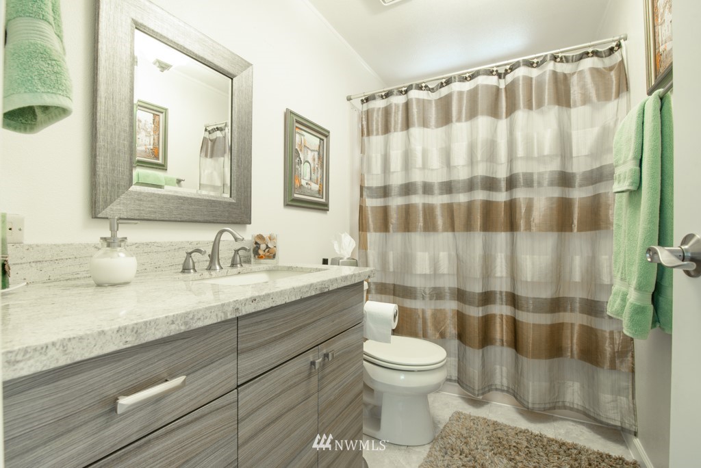 907 240th Place Southwest Bothell, WA 98021 - Photo 18 of 24 a bathroom with a granite countertop sink a toilet and shower