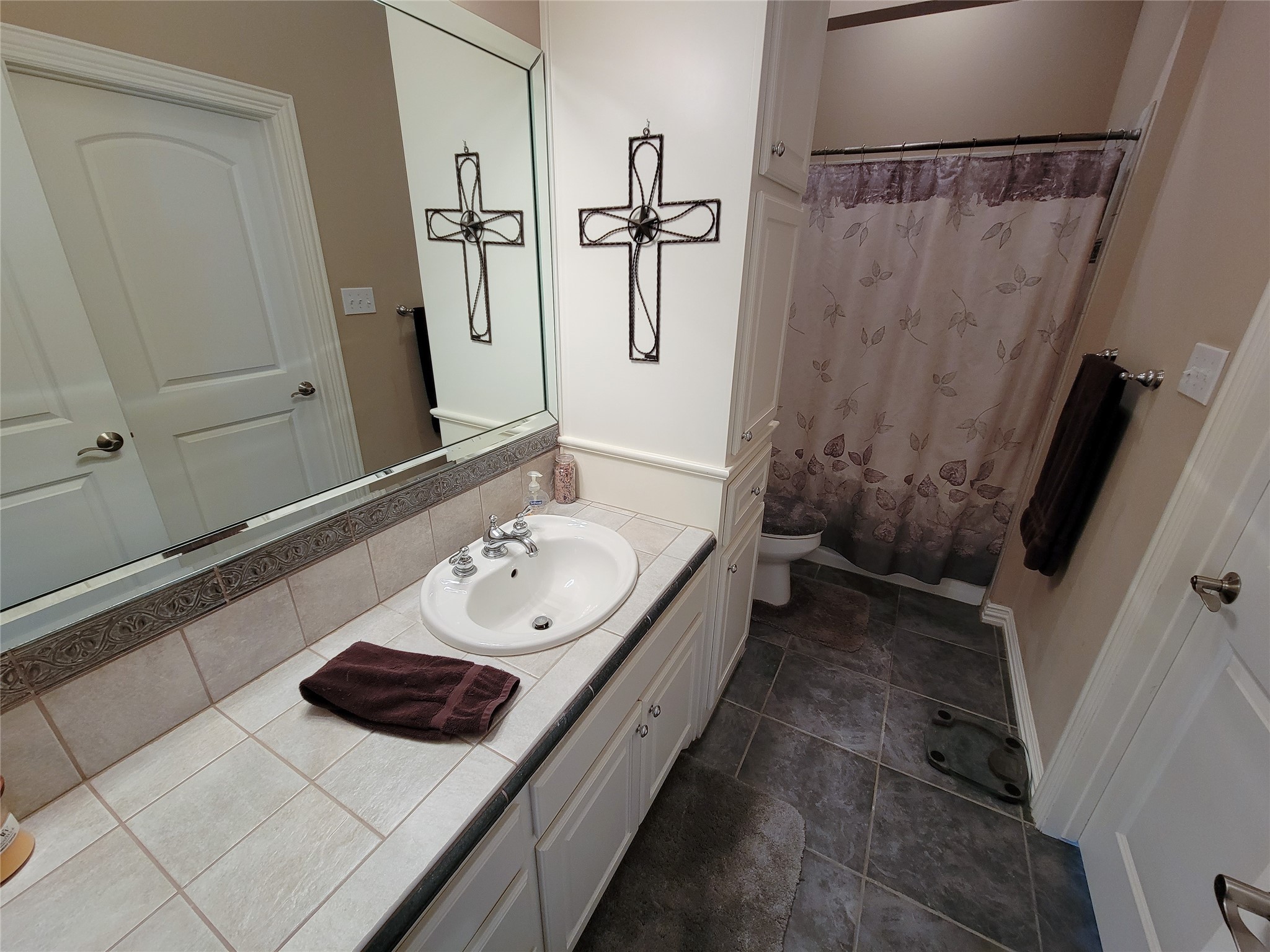 939 Old Nelsonville Road Bellville, TX 77418 - Photo 31 of 50 a bathroom with a sink a toilet a mirror and shower