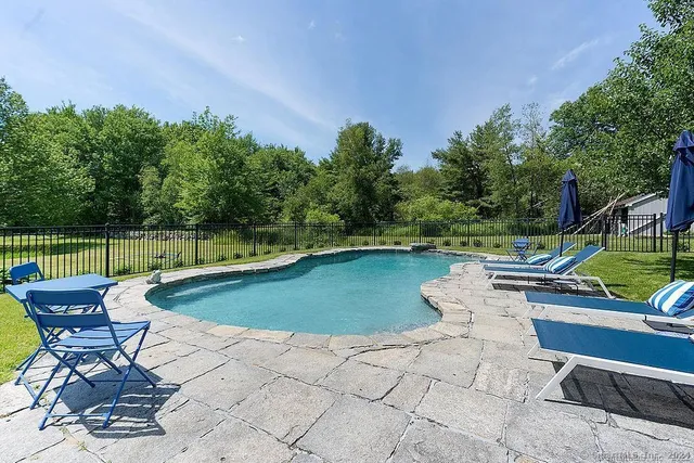 a view of a swimming pool with a lounge chair
