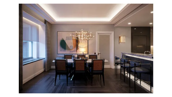 a view of a dining room with furniture and window