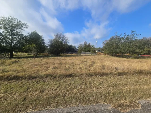 a view of a field with trees in background