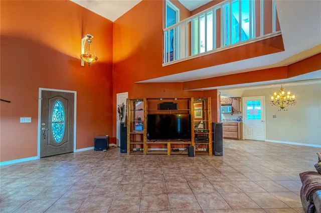 a view of a building with seating space