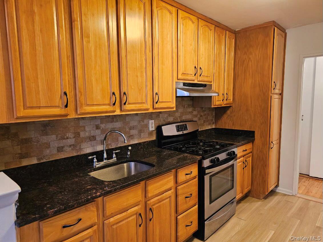 151-05 Cross Island Parkway, Unit 3E Queens, NY 11357 - Photo 2 of 29 a kitchen with granite countertop a sink a stove and cabinets