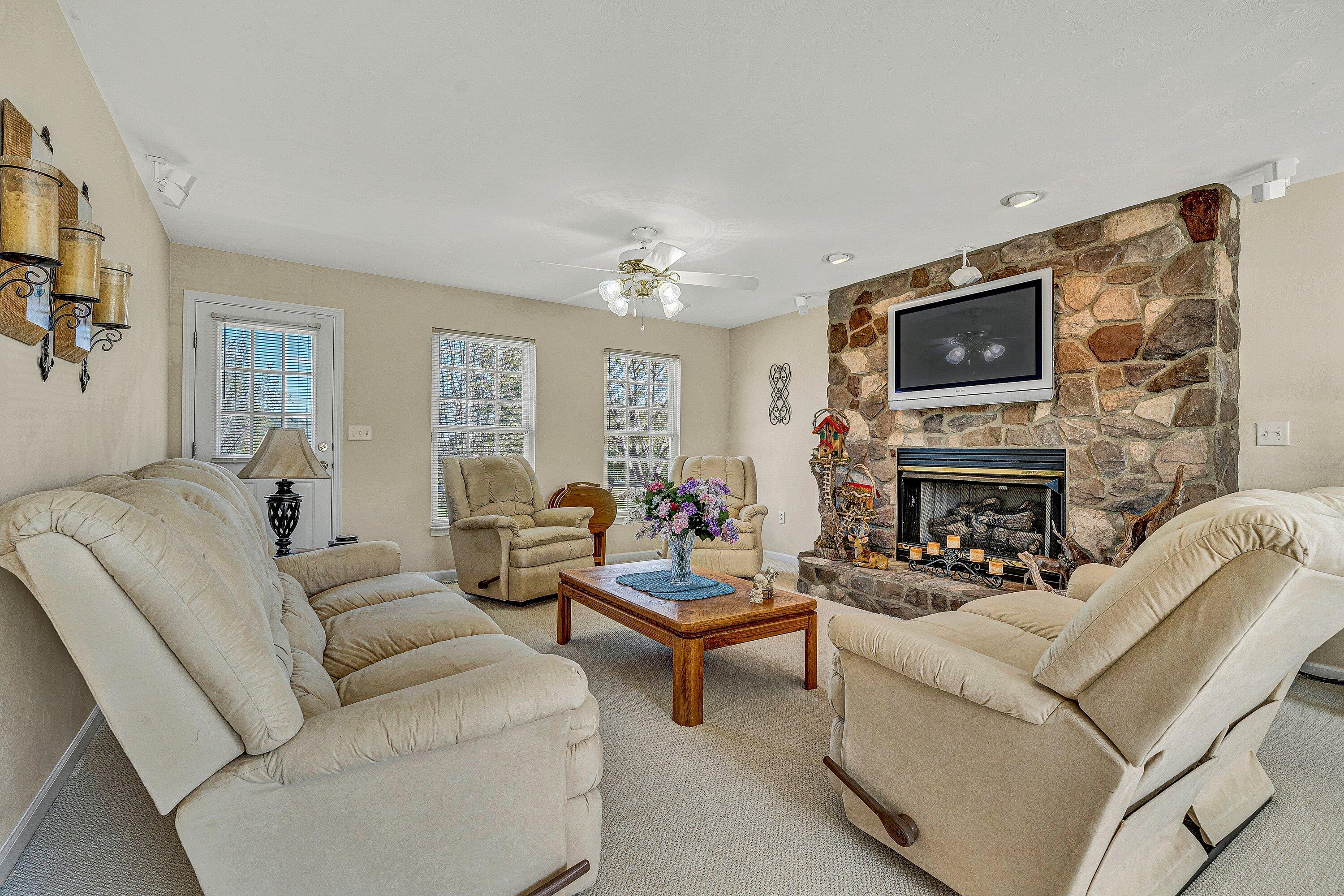 1850 Emmaus Church Road Moneta, VA 24121 - Photo 16 of 63 a living room with furniture a flat screen tv and a fireplace