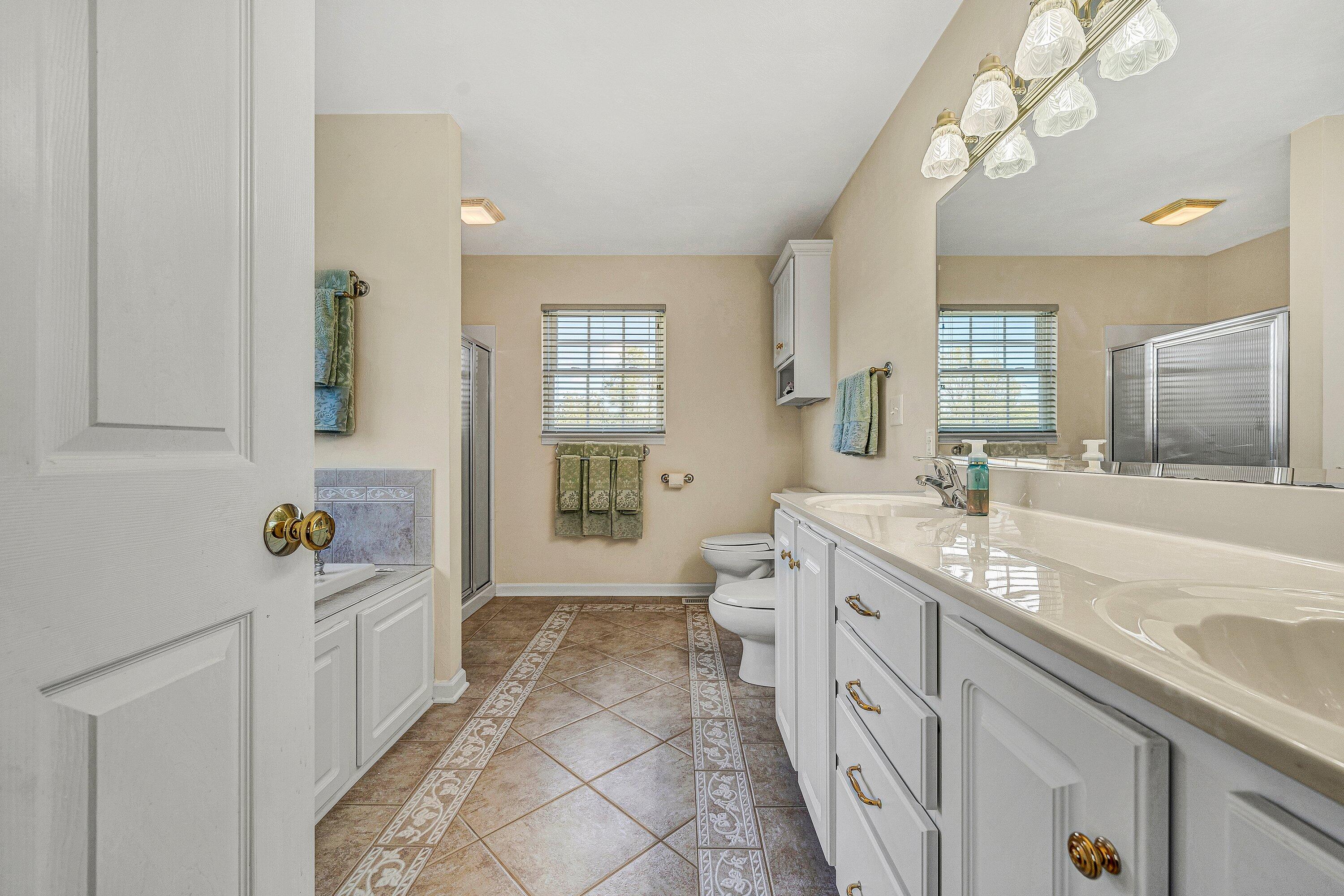 1850 Emmaus Church Road Moneta, VA 24121 - Photo 28 of 63 a spacious bathroom with a double vanity sink a mirror and a bathtub