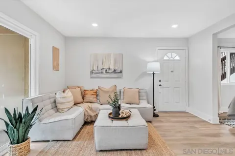 a living room with furniture and a potted plant