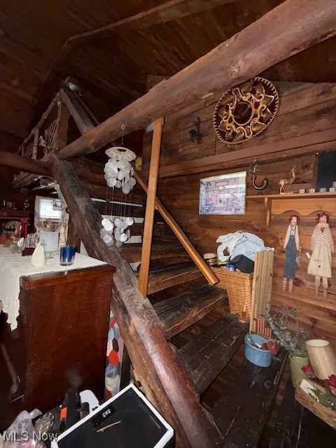 15639 Grove Road Southwest Port Washington, OH 43837 - Photo 13 of 31 Staircase featuring wood walls and wooden ceiling