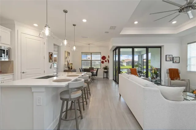a living room with furniture kitchen view and a potted plant