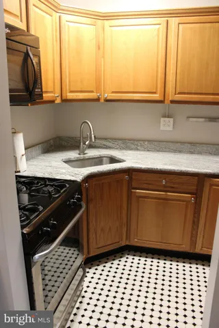 a kitchen with a sink a stove and a cabinet