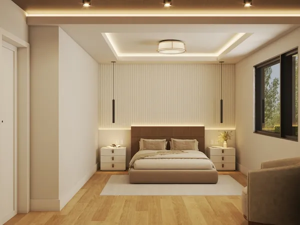 a bedroom with a bed and window