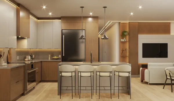 a kitchen with stainless steel appliances kitchen island granite countertop a refrigerator and a stove top oven