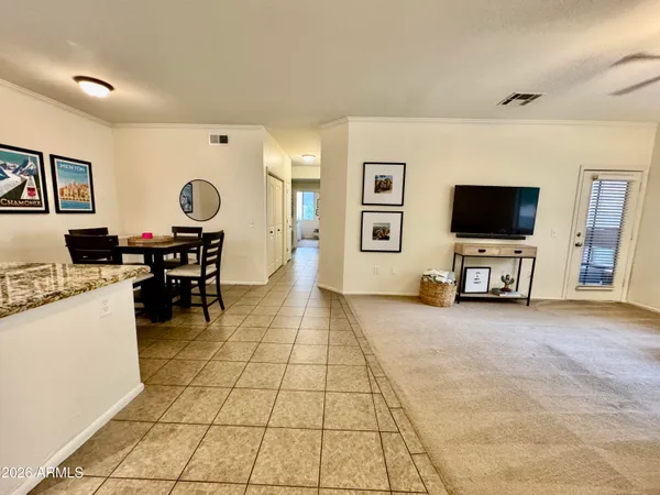 a view of a dining room with furniture