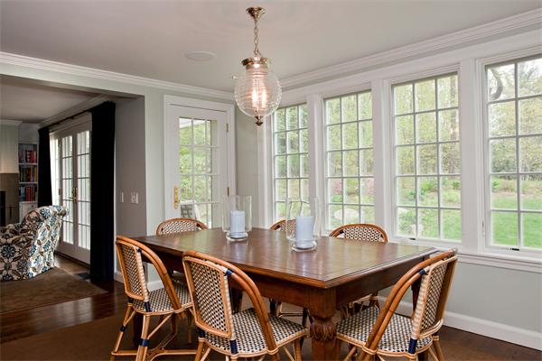 46 Yarmouth Road Wellesley, MA 02481 - Photo 8 of 11 a view of a dining room with furniture large windows and wooden floor