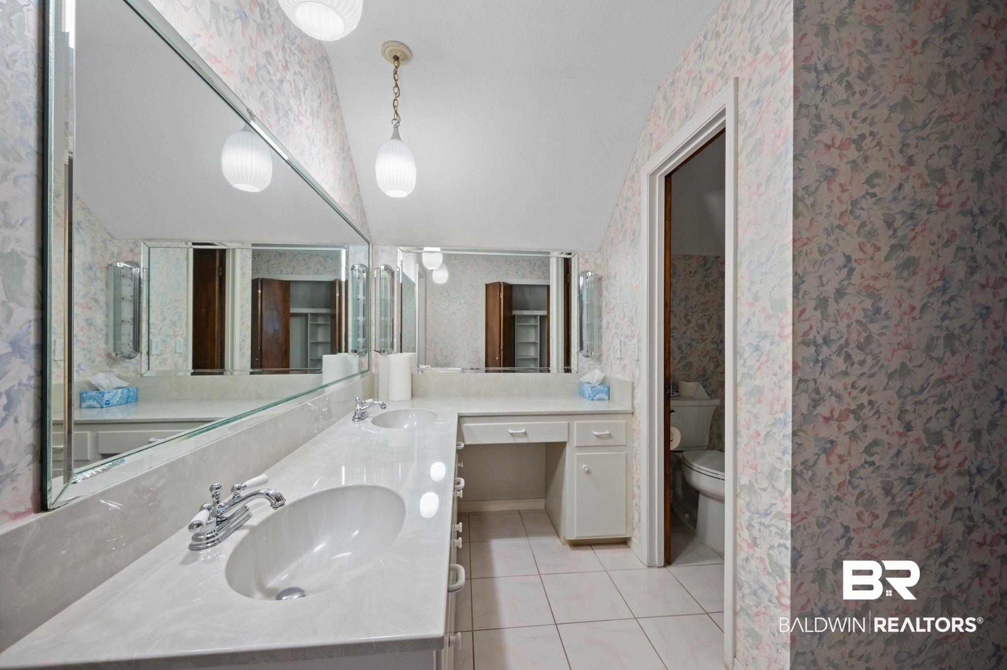 950 Walter Smith Road Mobile, AL 36695 - Photo 21 of 51 Bathroom featuring wallpapered walls, tile patterned floors, toilet, and double vanity