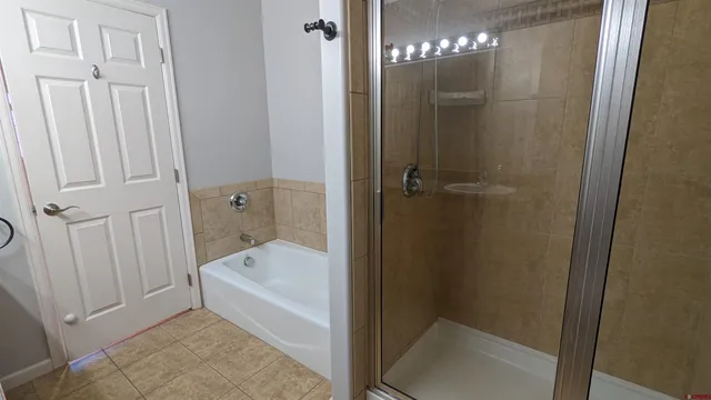 a bathroom with a bathtub and shower