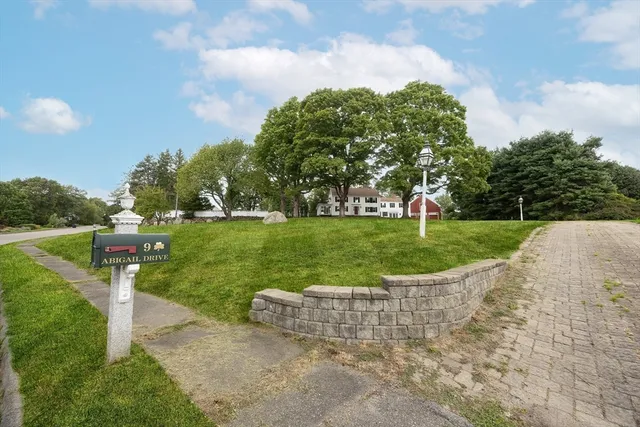 a view of a garden with a fountain