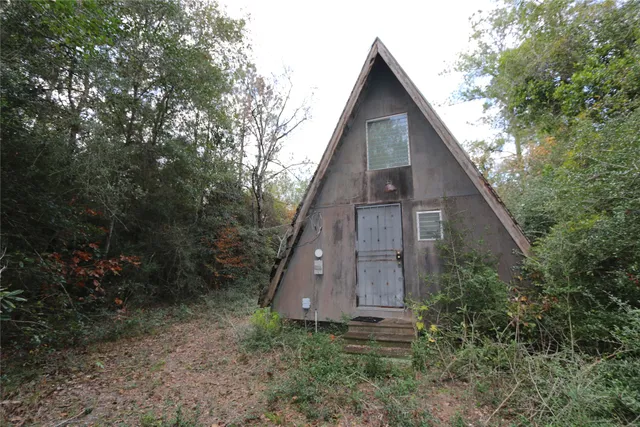 a view of a small house with a tall trees
