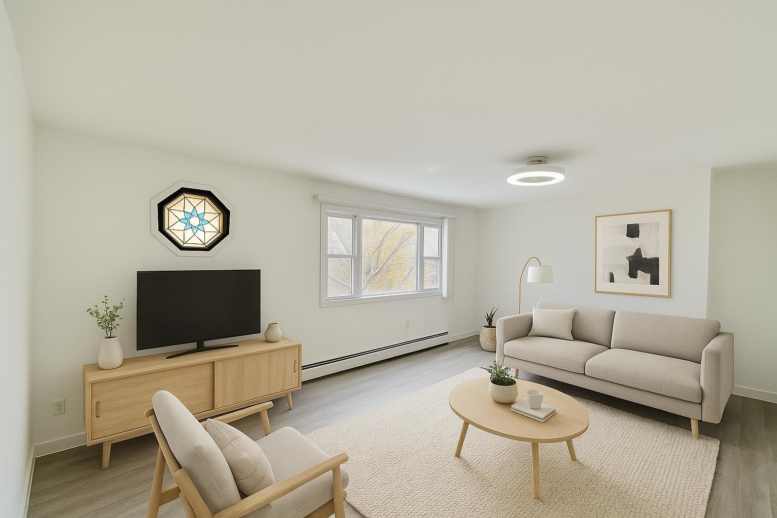 a living room with furniture a rug and a flat screen tv