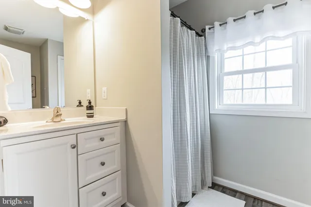 a bathroom with a sink mirror and a shower